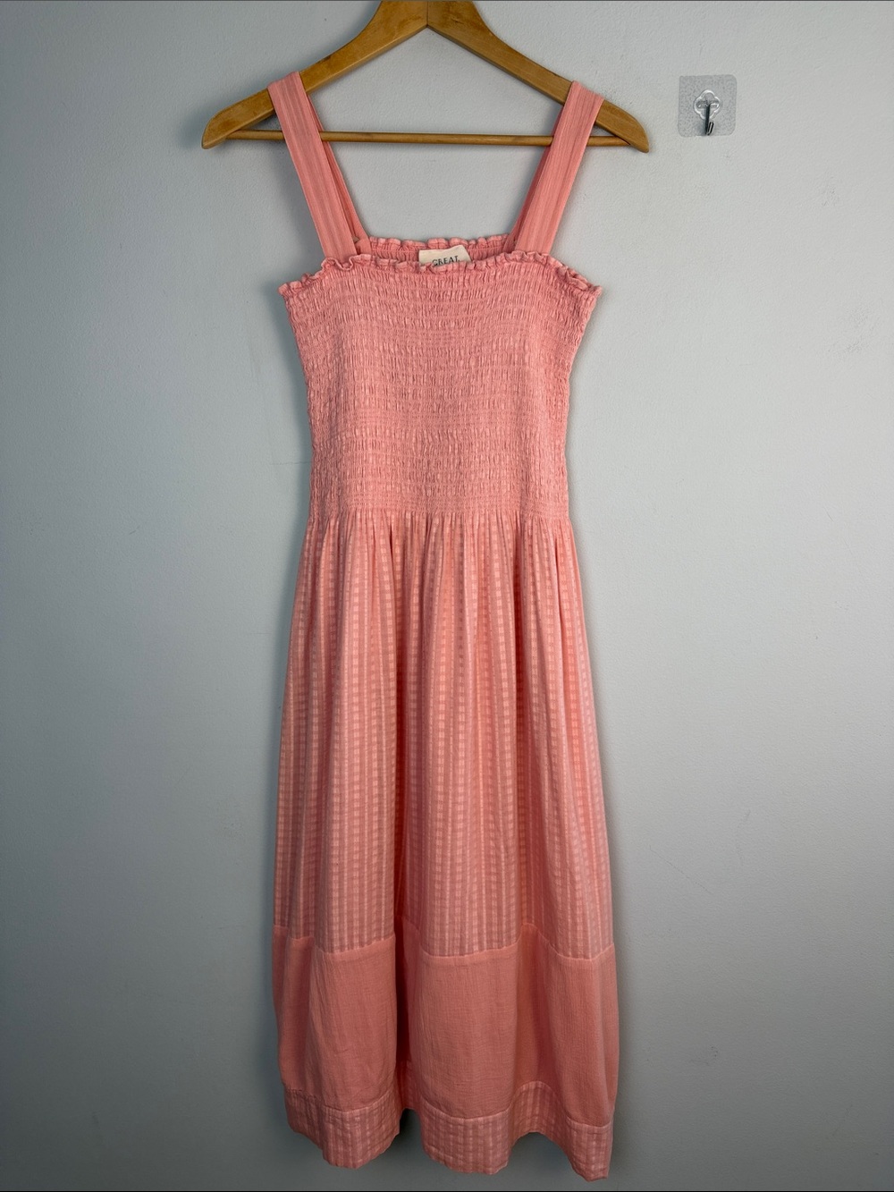 The Great Clover Smocked Pink Eyelet Midi Dress A-line Square Neck Cotton Small